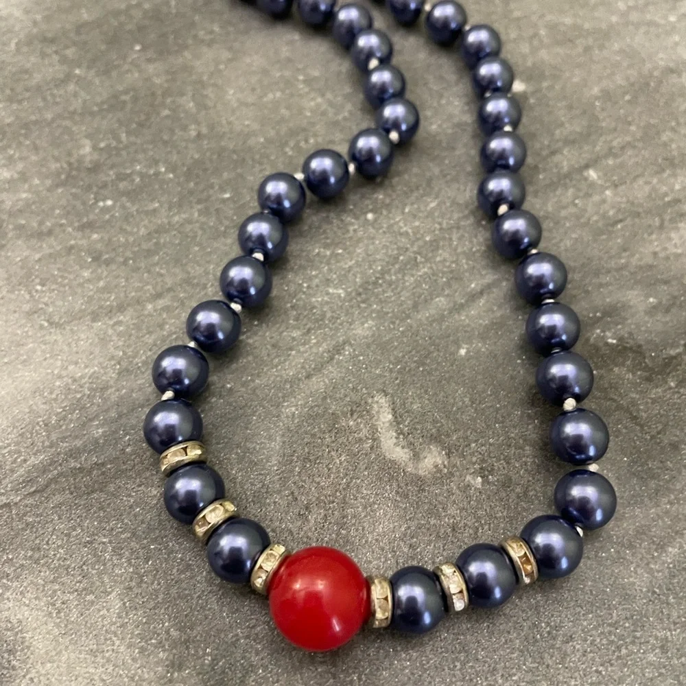 Vintage Blue Pearl Red Gemstone Beaded Necklace